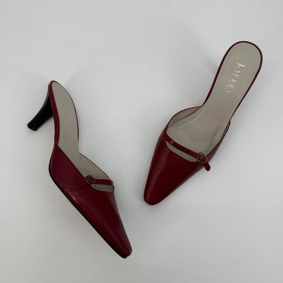 Lauren Ralph Lauren Shoes - Lauren Ralph Lauren Red Leather Pointed Toe Kitten Heel Mules Size 10B